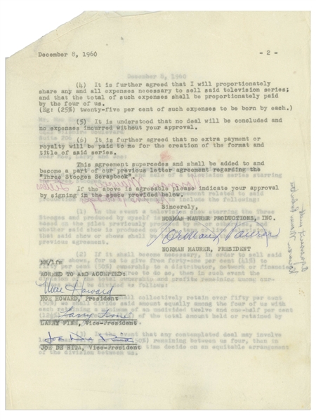 Three Stooges Signed Agreement From December 1960 Regarding a Potential TV Series -- Signed by Moe Howard, Larry Fine & Joe DeRita -- 2pp. Measures 8.5'' x 11'' -- Very Good